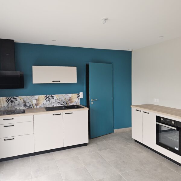 Cuisine fonctionnelle pour un logement locatif, réhaussée par une crédence pixpano, et contrasté par un mur bleu. Réalisation sur Nueil les aubiers.