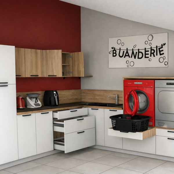 Plan 3D, buanderie sur mesure, en intégrant la machine et seche linge à hauteur. Coloris blanc et bois- Projet sur moncoutant