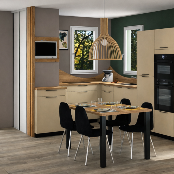 Vue 3D d’un projet de cuisine personnalisée, coloris beige réhaussé d'un plan de travail tons bois.