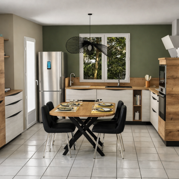 Modélisation 3D d’une cuisine bois et blanc pour rénovation à St Sauveur (79)