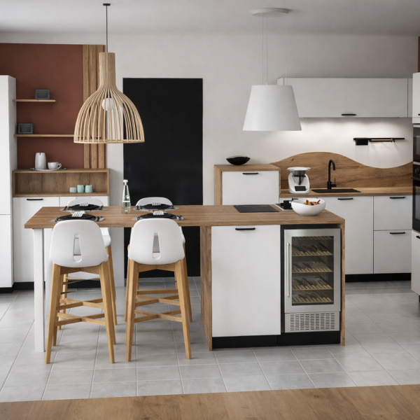 Plan 3D de cuisine avec îlot central réalisé par notre entreprise de menuiserie à Faye-l’Abbesse, pour un projet à thenezay