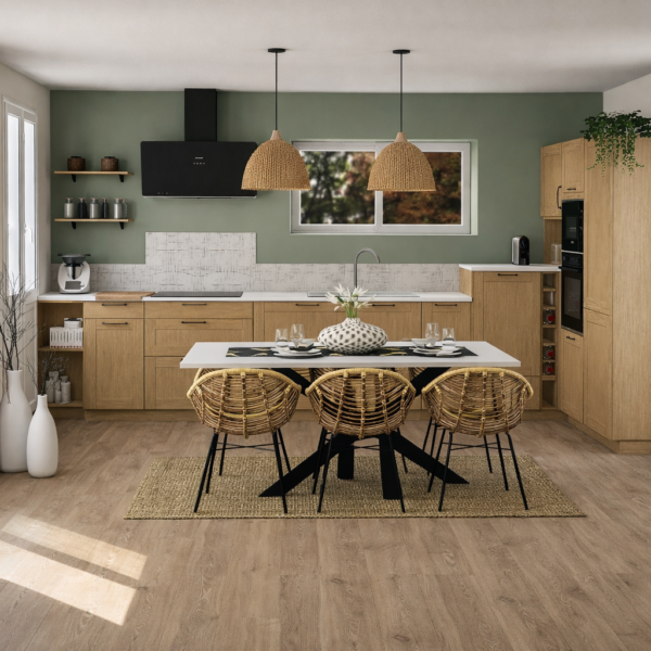 Plan 3D de cuisine cooconing sur mesure conçu pour un projet à Bressuire – entreprise de menuiserie à Faye-l’Abbesse