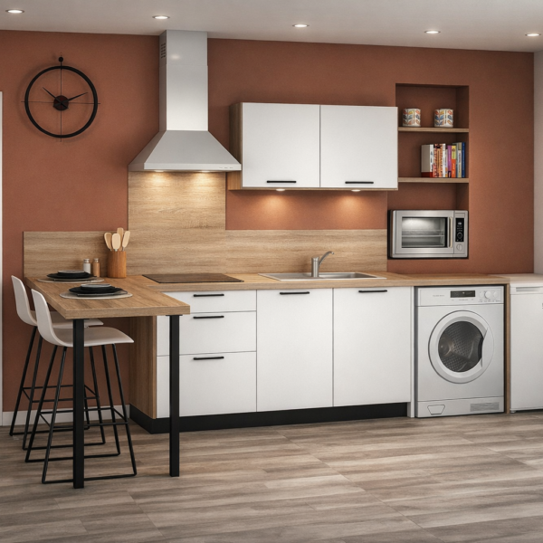 Plan 3D, cuisine en mélaminé blanche et plan de travail en stratifié coloris halifax.