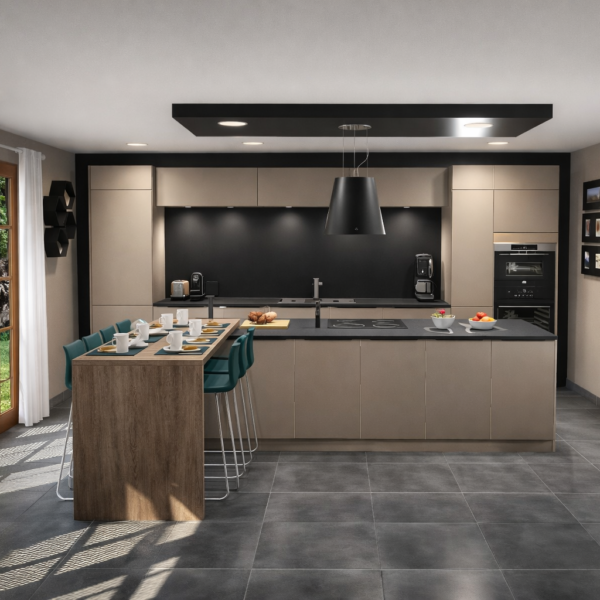 Plan 3D - Cuisine en médium laqué coloris sable, plan de travail noir. Ilot avec cuisson et hotte décorative.